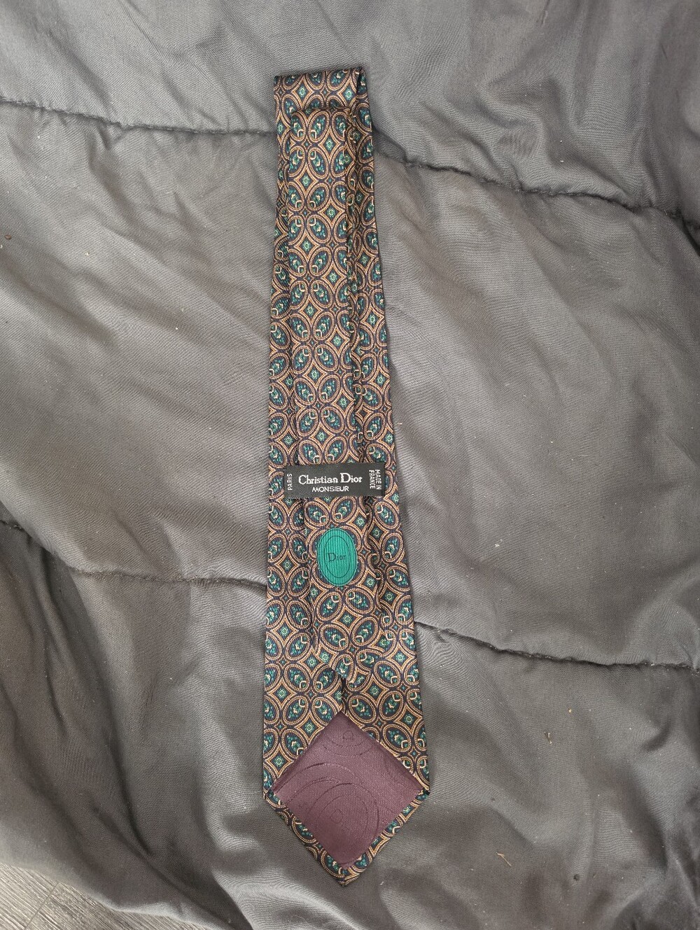 AUTHENTIC Dior Silk Tie in Green and Gold Geometric Pattern - Picture 2 of 6